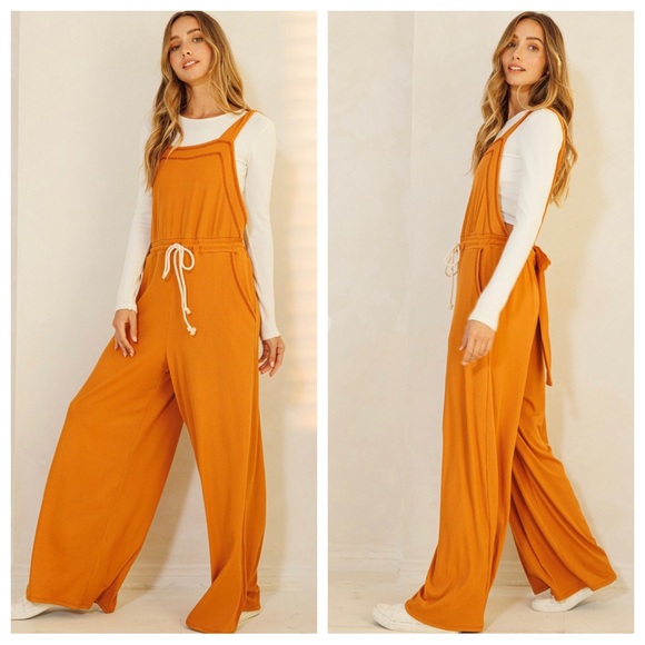 07 Boho Ribbed Knit Wide Leg Tie at Waist Jumpsuit - Picture 4 of 5